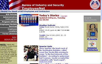 Home Page of the BIS EmployeeNet Intranet Website
